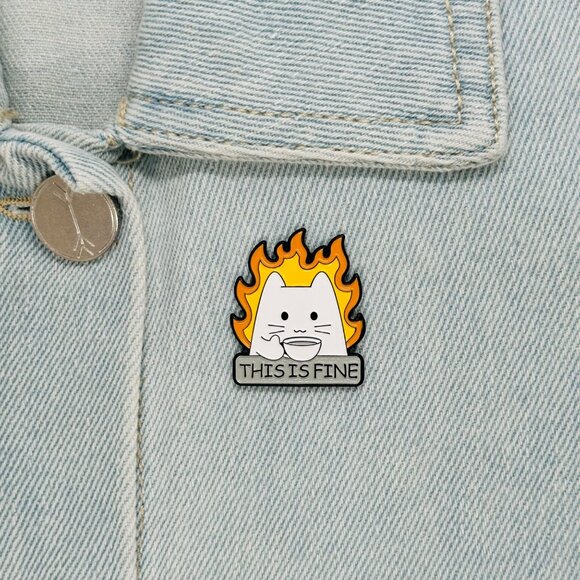 ✨This Is Fine Cat On Fire Sipping Tea Enamel Pin Animal Broch White Cat Cartoon✨ - Picture 1 of 5
